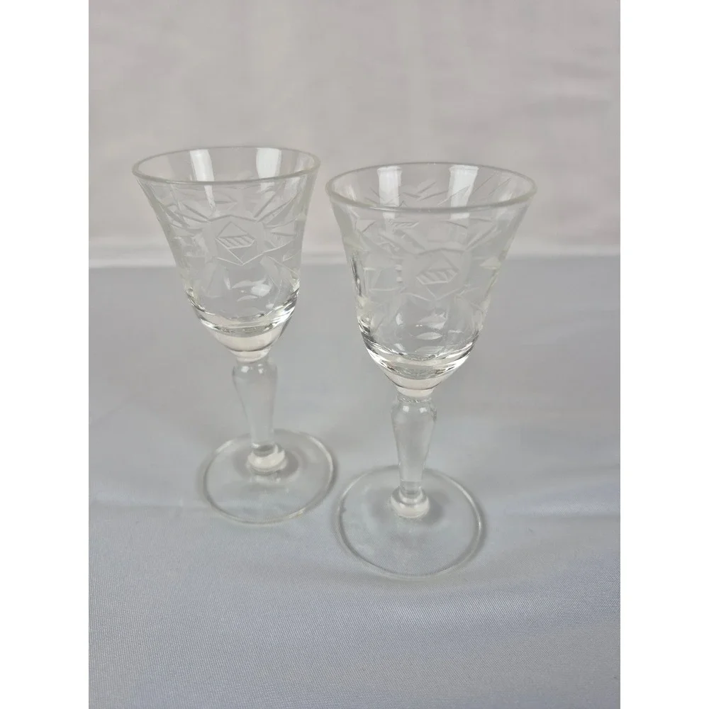 Vintage Mini Etched Cordial Glasses Set Of 8 Floral Stemware‎ Barware MCM